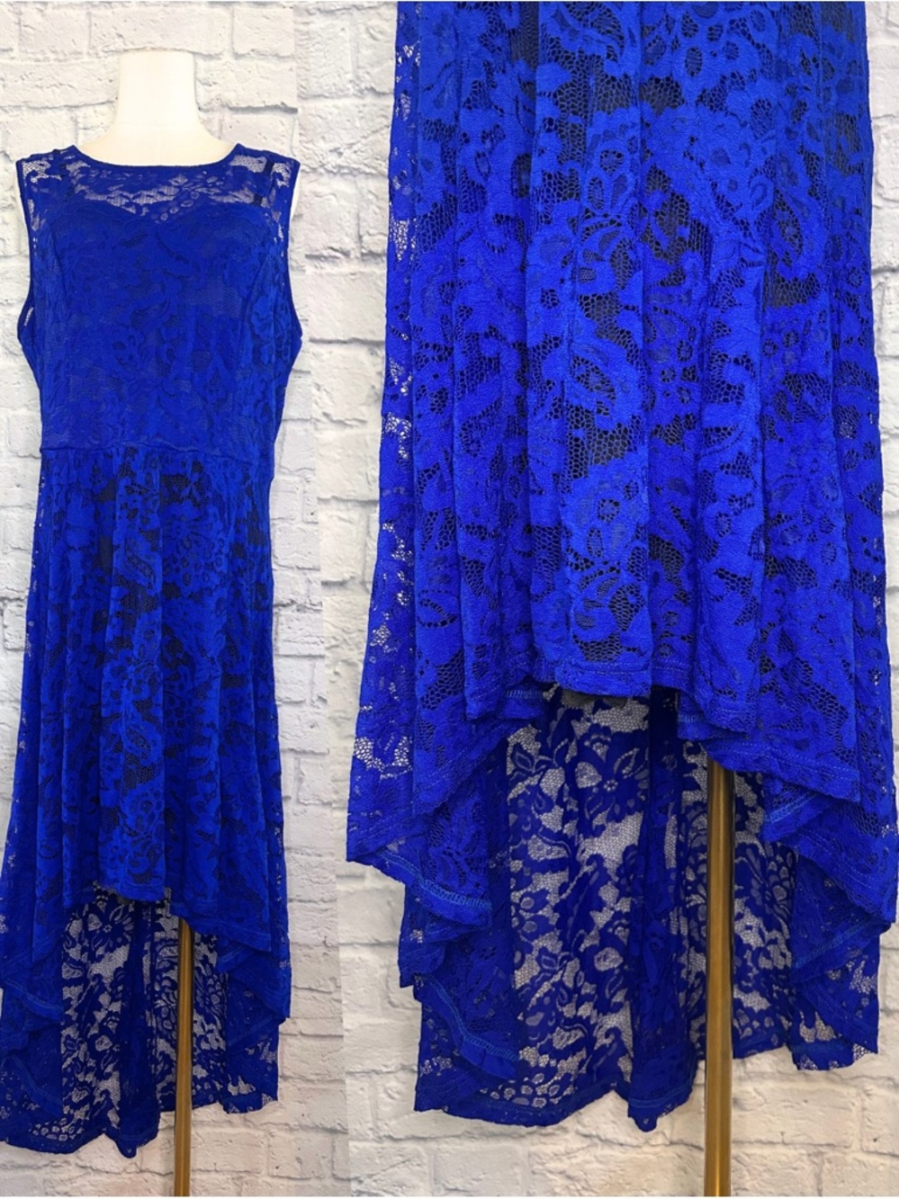 Y2K Full Lace Dress Blue Cascading High Low Sheer Illusion Neckline Sweetheart